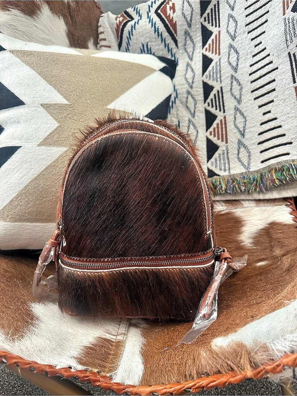 Brown real cowhide Mini Backpack trinity ranch NWT
